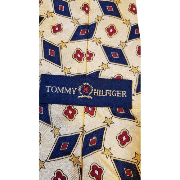 Tommy Hilfiger Neck Tie Mens Cream Blue Red Diamonds Stars Italian Silk Business - Picture 5 of 12